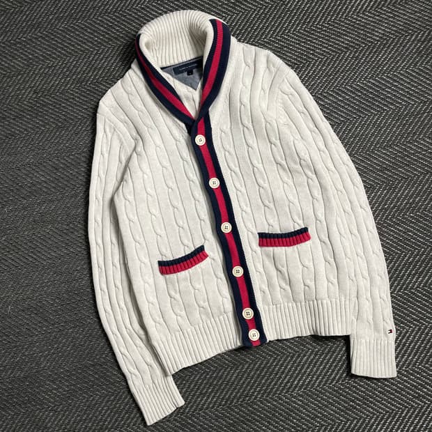 타미힐피거 립 케이블 숄넥 버튼 가디건y 4807