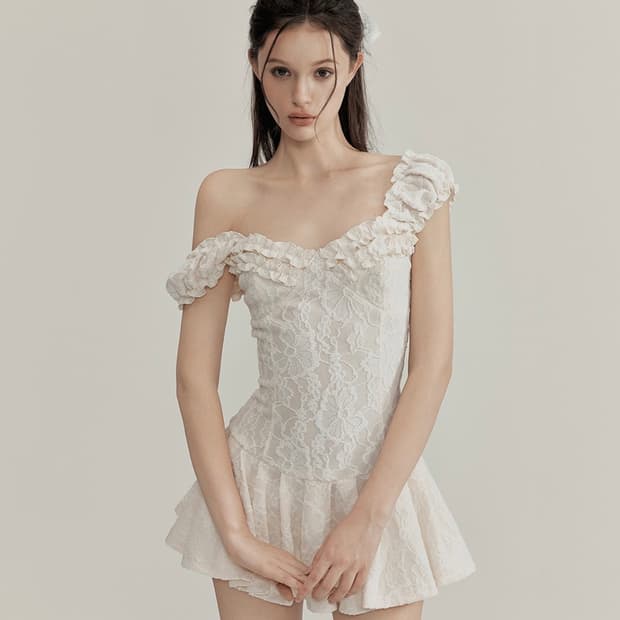 Testmechanism 자카드 레이스 프릴 플레어 미니 드레스