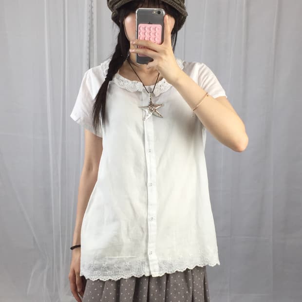 SM2 White Lace Collar Linen Blouse