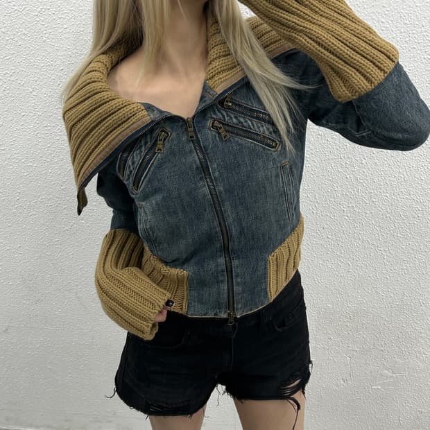 게스 베이지 니트 카라 데님 자켓 XS