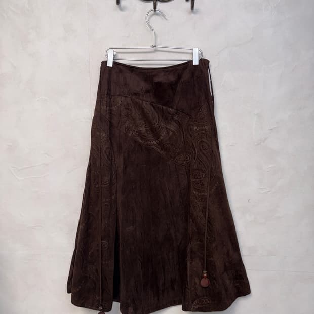 Dark brown oriental paisley suede skirt