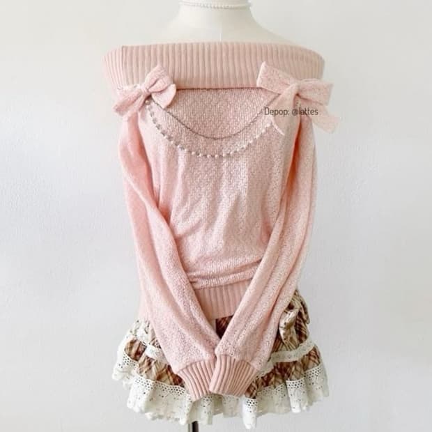 리즈리사 리본 진주 핑크 오프숄더 니트 라떼 히메 갸루 러블리 빈티지