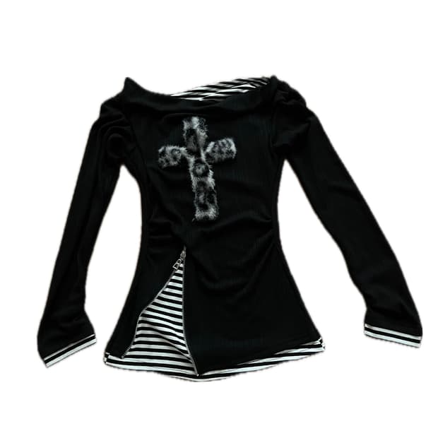 frustration garden 십자가 크로스 오프숄더 니트 티셔츠