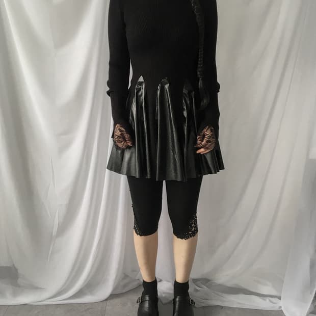 Fake leather layered high neck knit onep