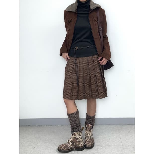 빈티지 브라운 플리츠 울 스커트