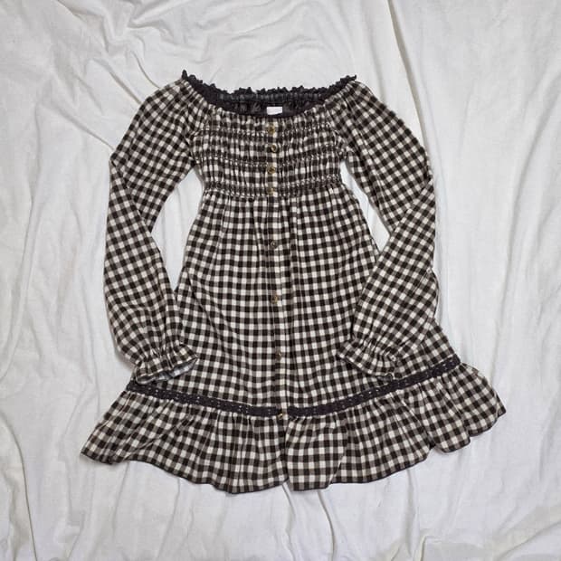 리즈리사 초코 브라운 체크 튜닉 오프숄더 원피스 히메갸루  트랄라라