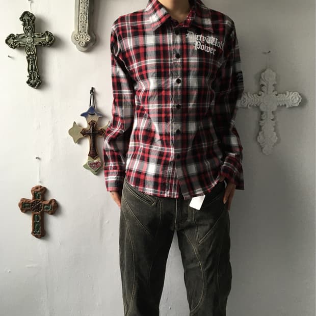 Lettering printing check pattern shirt