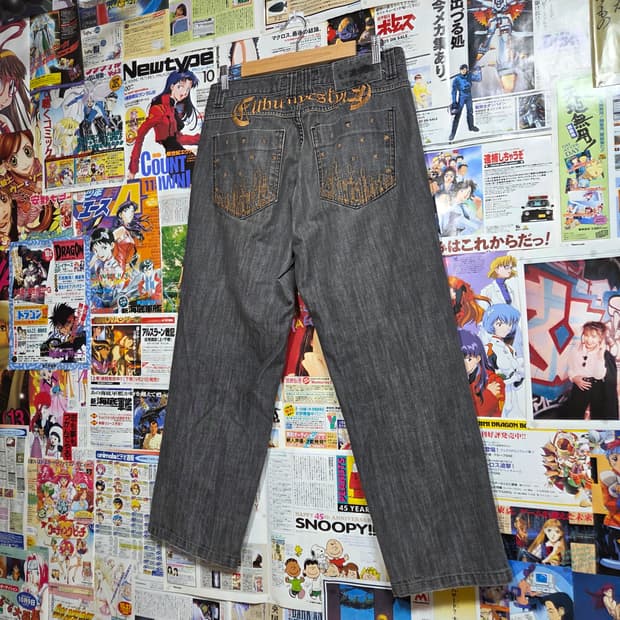 후부 그레이 골드 자수 데님 팬츠