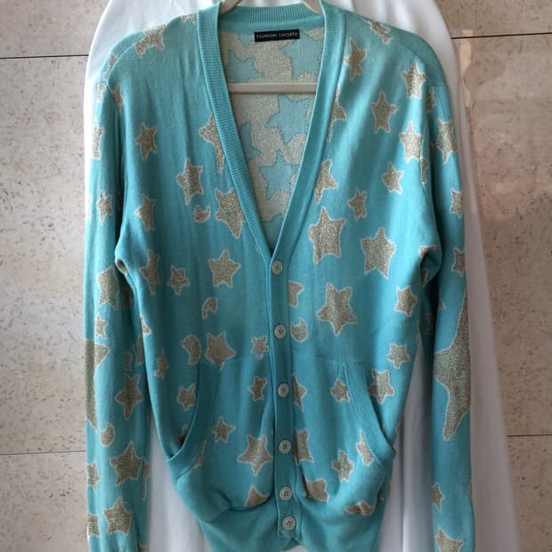 츠모리 차사토 은실 반짝반짝 고양이 별 무늬 캐시미어 니트 가디건