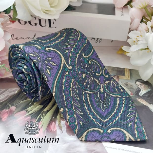 아쿠아스큐텀 실크 퍼플 페이즐리 넥타이 8.3cm A+등급 K1145
