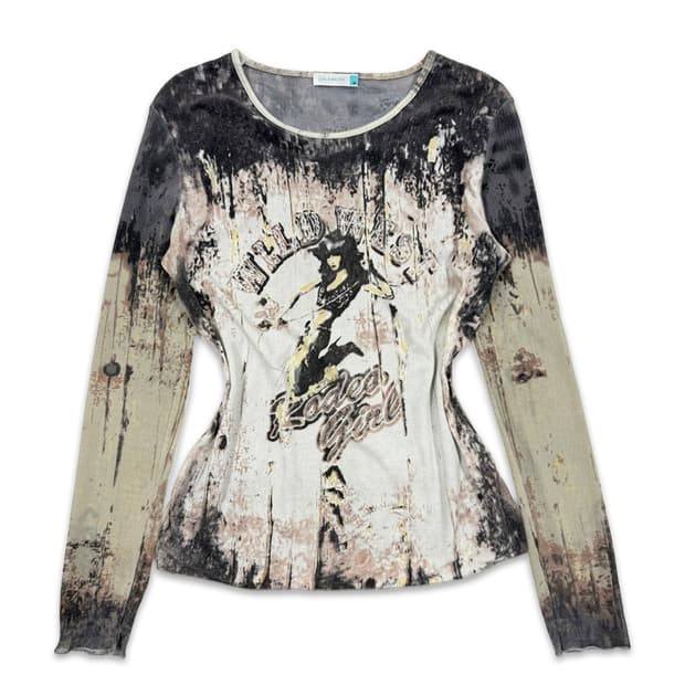 빈티지 LOUISE FD 시스루 펑크 프린팅 레이어드 긴팔티