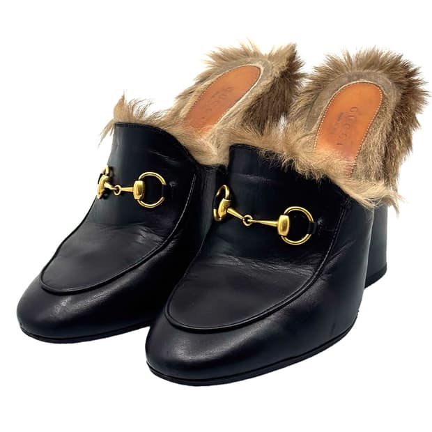 Gucci Horsebit Fur Mules/ 37
