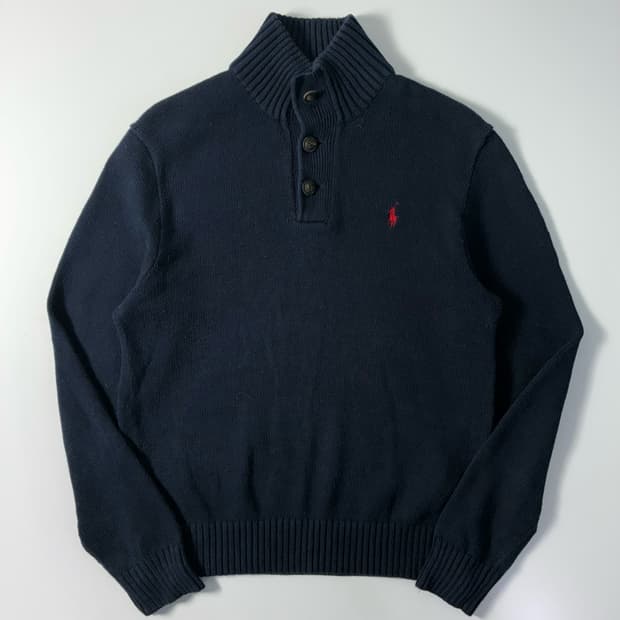 Polo  폴로 랄프로렌 자수 코튼 네이비 하프 버튼 니트