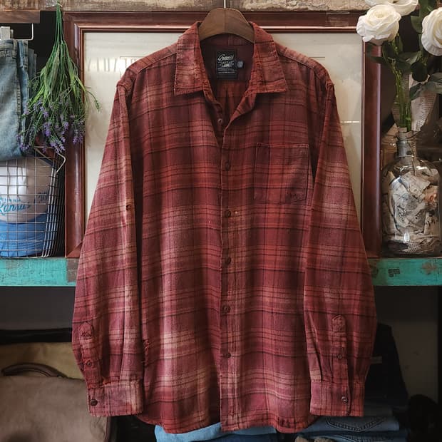 90s 빈티지 체크셔츠 헤비 플란넬 워크셔츠 썬페이딩 오렌지 xl