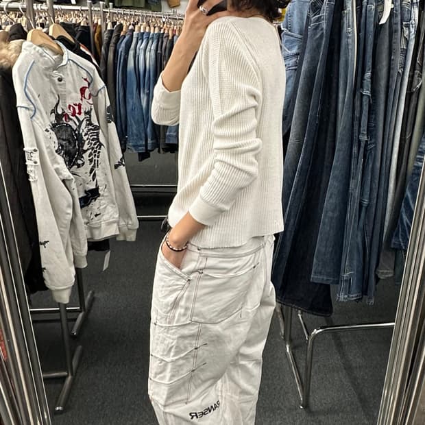 2L)Transer 빈티지 더블니 사이드포켓 화이트 힙합팬츠