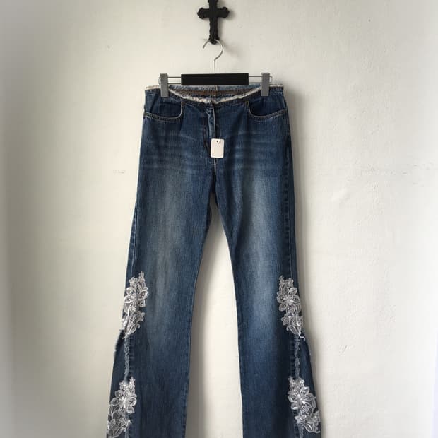 lace trimming denim pants