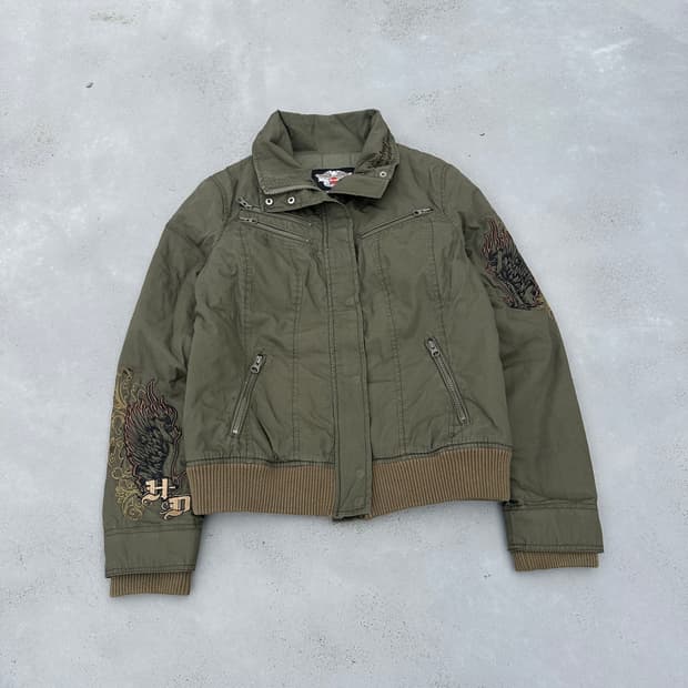 할리데이비슨 로고 자수 크롭 봄버자켓 올리브 카키 y2k