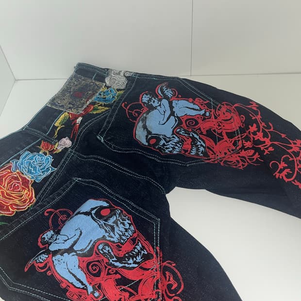 kanji 오리엔탈 자수 데님 팬츠