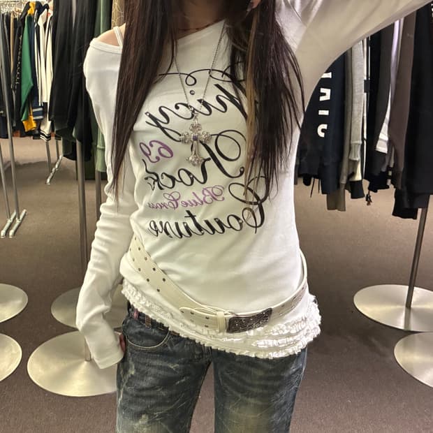 L)Japanese vintage 여성 비즈 포인트 프릴 롱슬리브