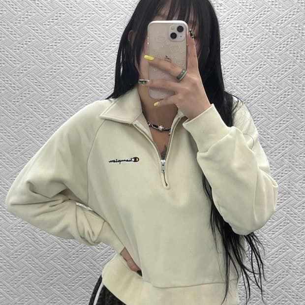 챔피언 폭닥 오트밀 크림 세미크롭 반집업 맨투맨 M C07572