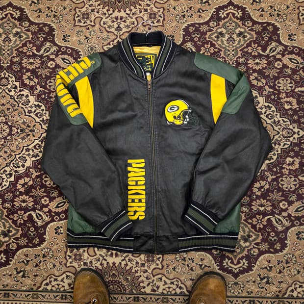 90s g3 그린베이 패커스 레더 바시티 자켓 가죽자켓