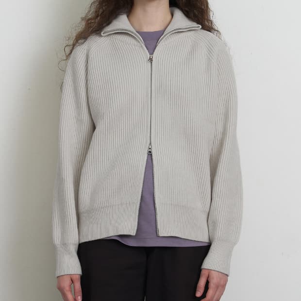 RIBBED ZIP-UP CARDIGAN_Light Grey