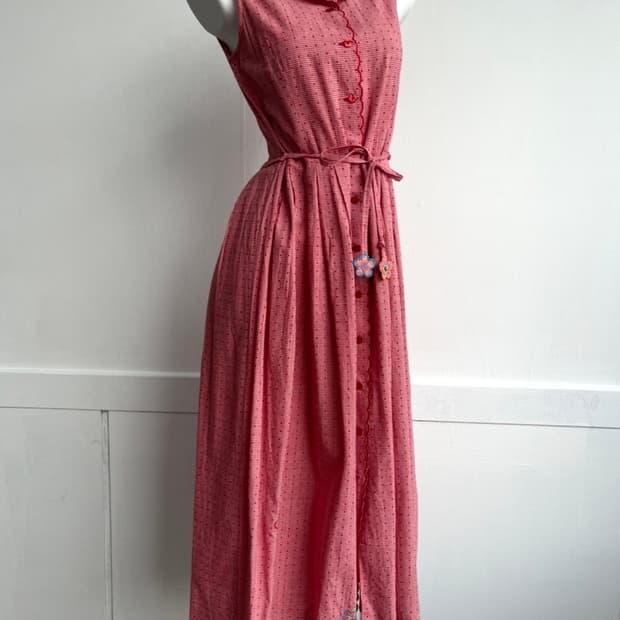 Porta Nuova 빈티지 레드 깅엄 체크 자수 원피스