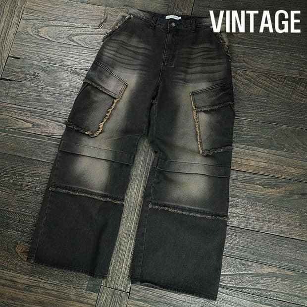 [빈티지] 워시드 와이드 카고 데님 팬츠 M19417