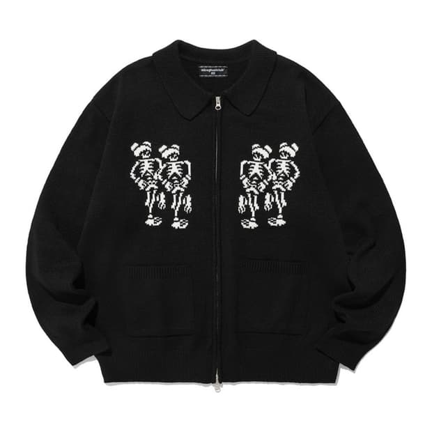 DANCING SKELETONS ZIP POLO KNIT_BLACK