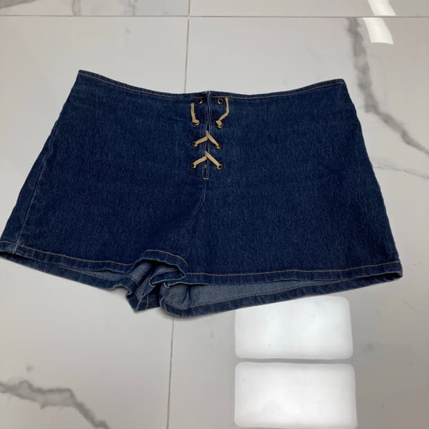 90s 빈티지 LEI 코르셋 데님 레이스 업 마이크로 쇼츠 청반바지