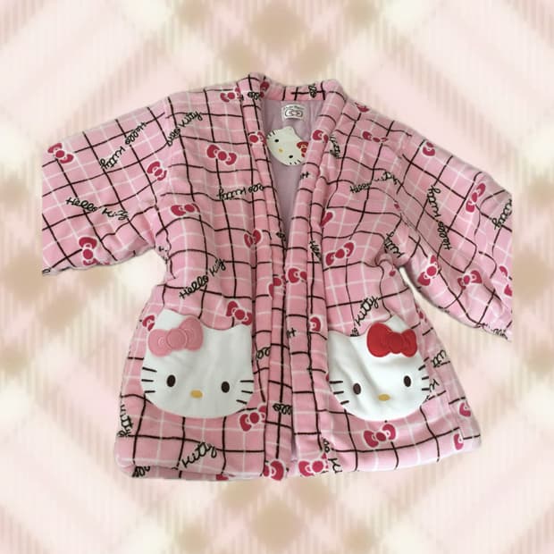 헬로키티 핑크 체크 한텐 라떼 히메 갸루 러블리 로걀 빈티지 산리오