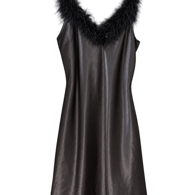 BLACK FEATHER TRIM SLIP DRESS