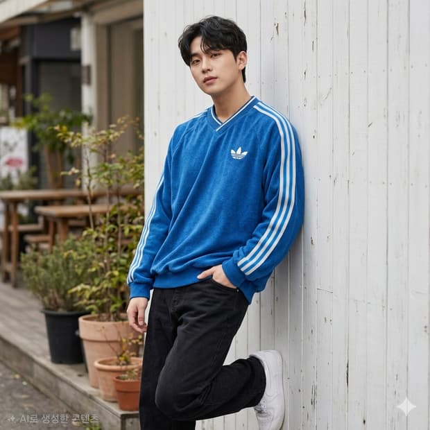 아디다스 오리지널스 블루 V넥 테리 맨투맨