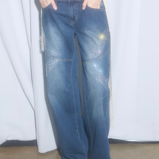 스컬프터 Rhinestone Lowrise Denim Mid Blue
