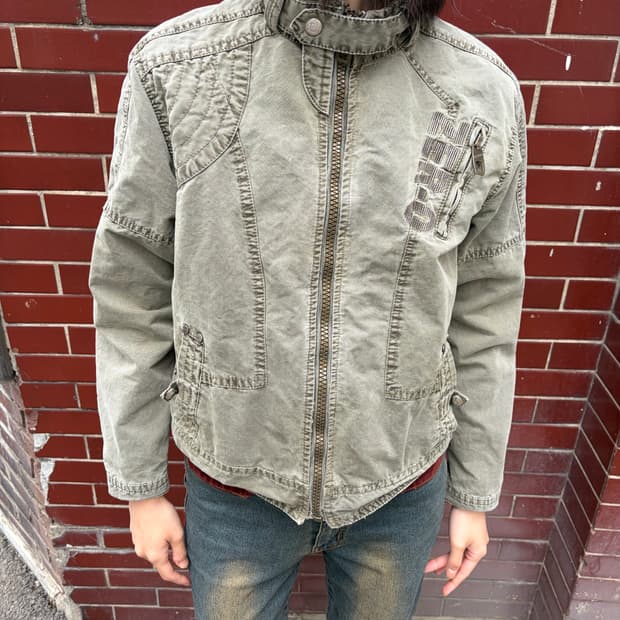 워싱 카키 크롭 집업 자켓 M