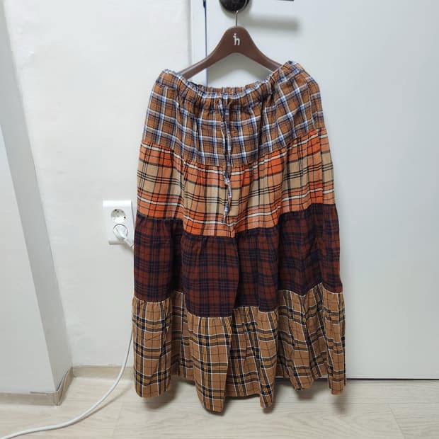 브라운 오렌지 체크 패치스커트
