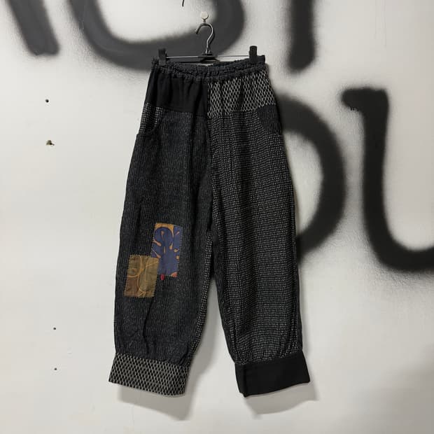 VTG 빈티지 린넨 패치 디테일 컬러 블락 와이드 벌룬 팬츠