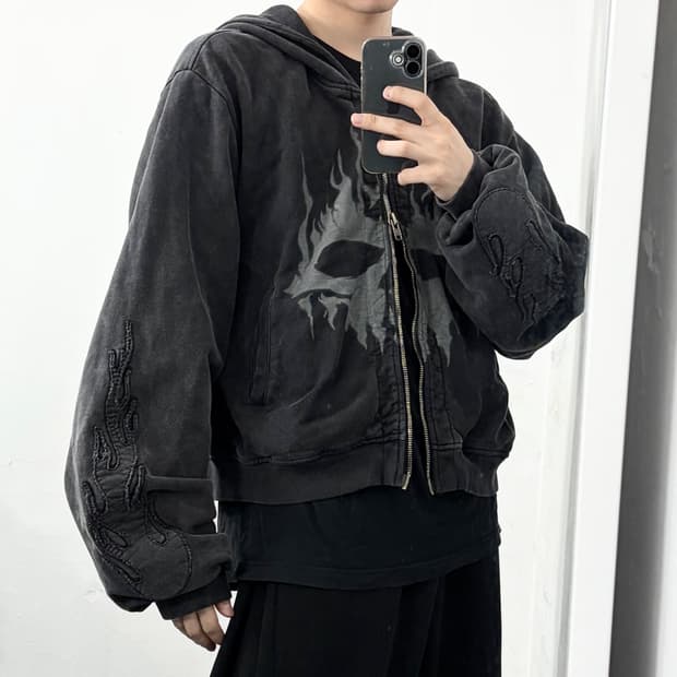 더 써든랩 유황염료 스컬 프린트 더블집업 후디