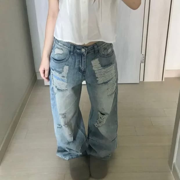 찢청 와이드 팬츠 데미지 루즈핏 로우라이즈 데님 팬츠