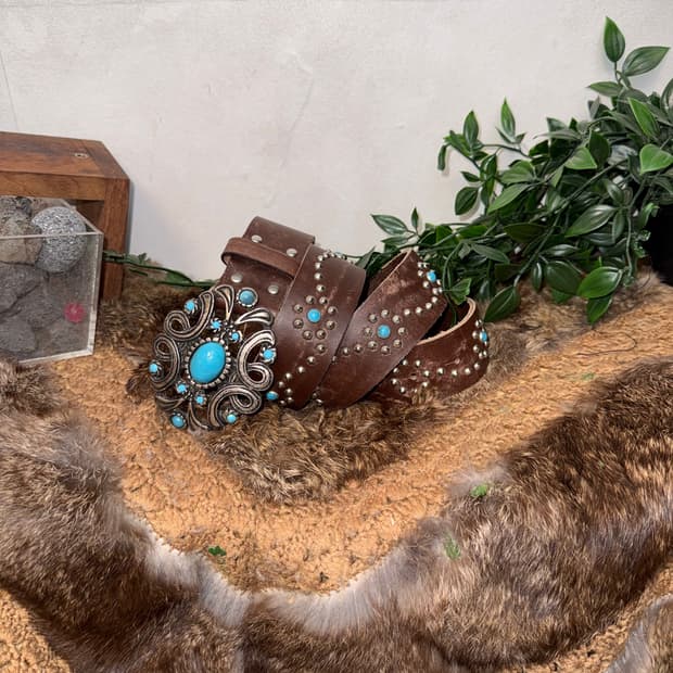 Brown turquoise stud leather belt