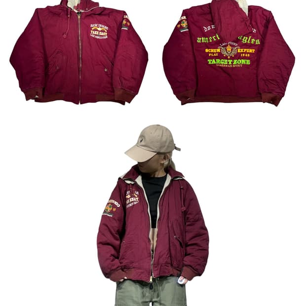 일본 빈티지 버건디 베이지 리버시블 양면 후드 점퍼 자수 자켓 잠바 