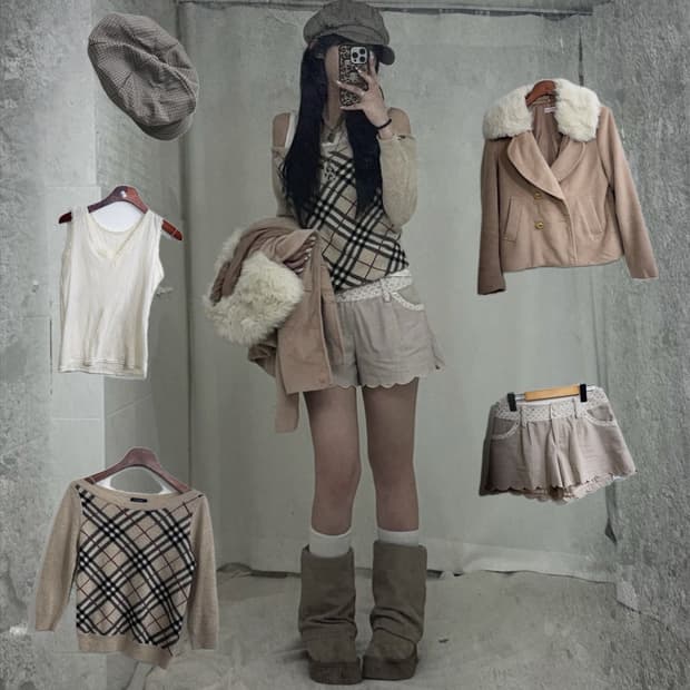 버버리 오픈숄더 니트 니혼진 라떼 히메 갸루 코디세트