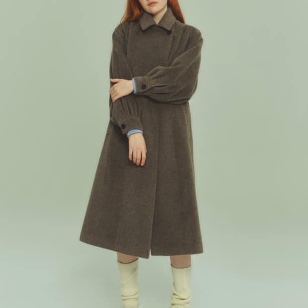 택O) [s] 아크로 셔링 슬리브 후드 울 블렌드 앙고라 코트 브라운