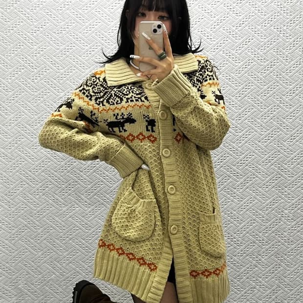 빈티지 코지 모리걸 노르딕 오트밀 버튼 롱 가디건 LL C10877