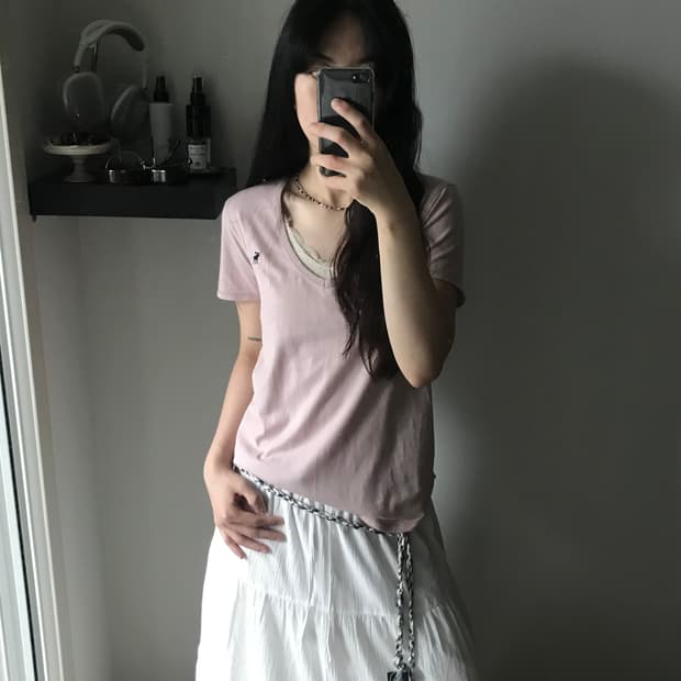 아베크롬비 산양 로고 핑크 브이넥 반팔티