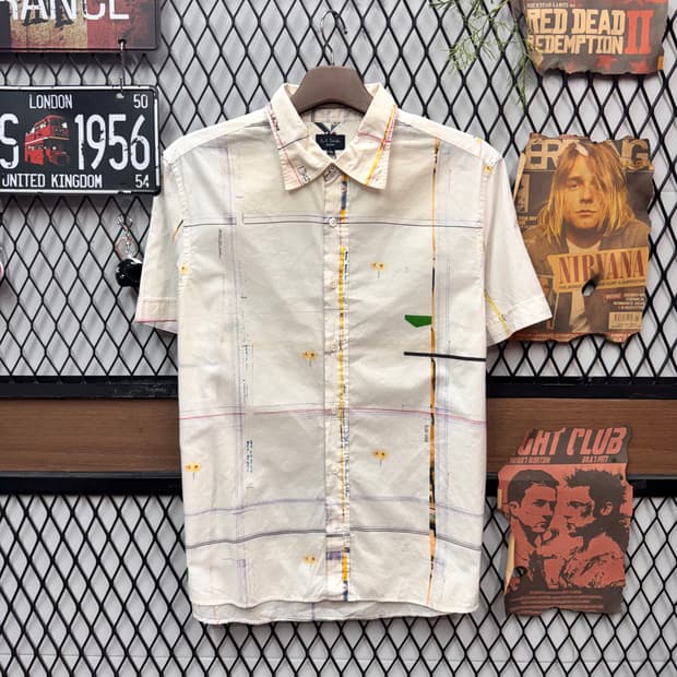 00s 폴 스미스 진스 반팔 코튼 셔츠 그래픽 프린팅 포인트 화이트