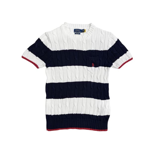 폴로 랄프로렌 여성 화이트 네이비 케이블 반팔 니트 (M)