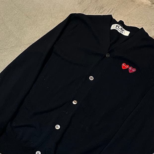 XL 꼼데가르송 더블하트와펜 블랙 울 가디건