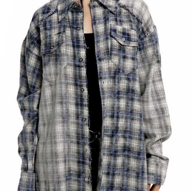 러프넥 워싱 체크 셔츠 블