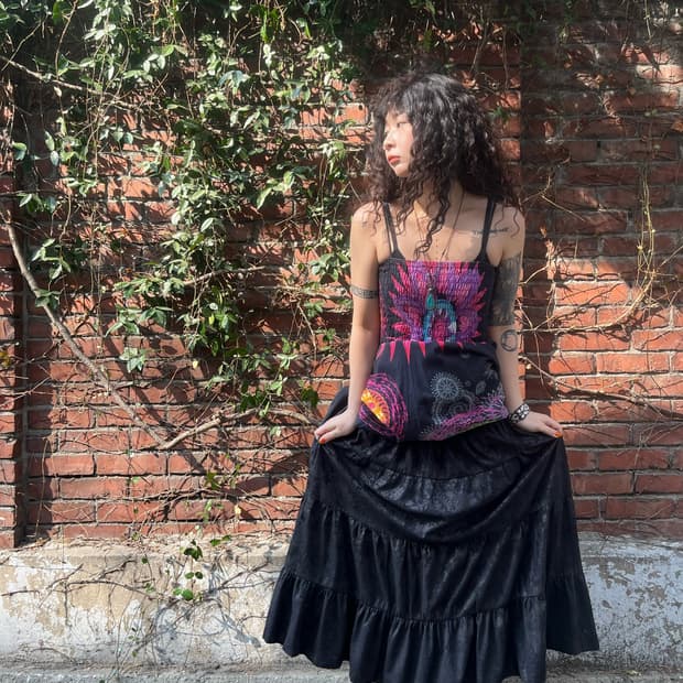 블랙 페이즐리 패턴 롱 스커트